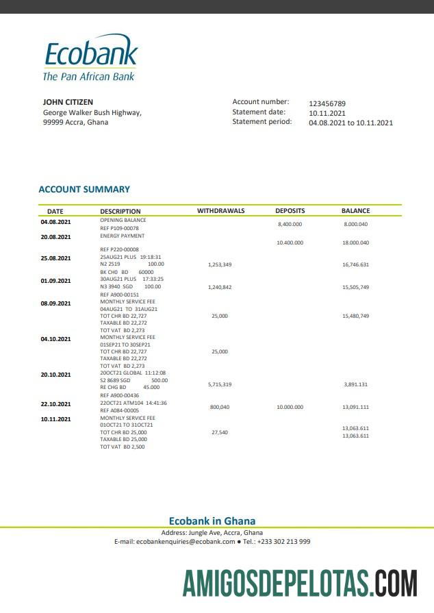 Ghana Ecoextrato bancário amostra